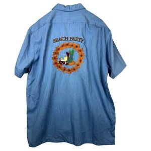 Caribbean Joe Men's M Blue Short Sleeve Button Up Shirt Beach Party Embroidery